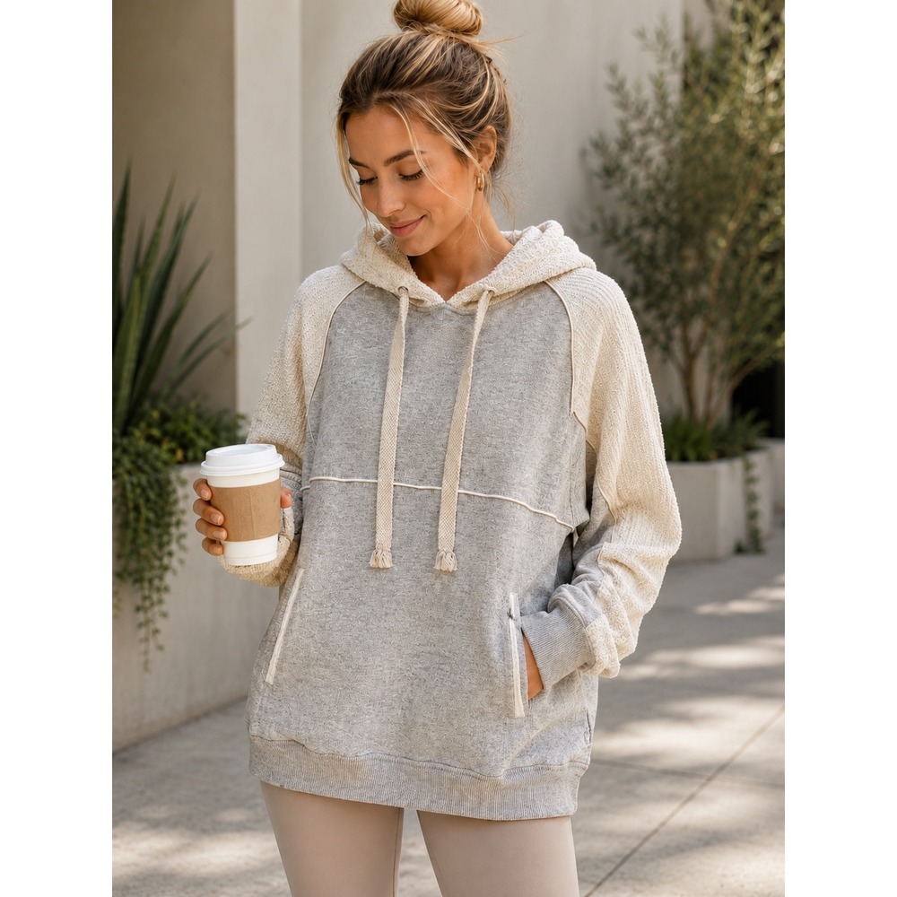 FP Movement Two Tone Colorblock Waffle Knit Hoodie Women Small Grey